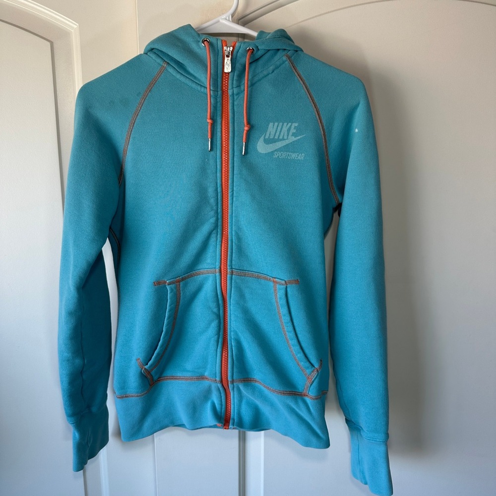 Vintage‎ Nike Sportswear Full Zip Hoodie Turquoise Orange Trim Dolphins Small
